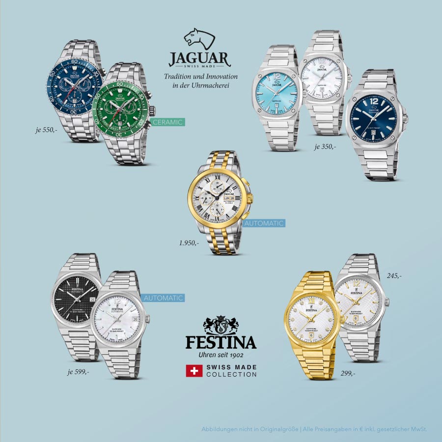 Geschenkideen 2024 von Müller, Aichach: Uhren von Jaguar und Festina, Swiss Made Collection
