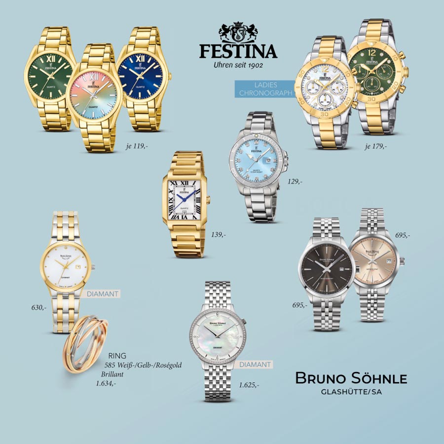 Geschenkideen 2024 von Müller, Aichach: ausgewählte Uhren von Festina und Bruno Söhnle Glashütte